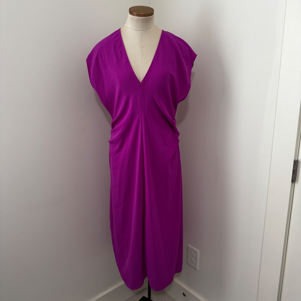 NEW Zara Large Fuchsia Gathered Midi Dress ~ Classic Everyday Shift